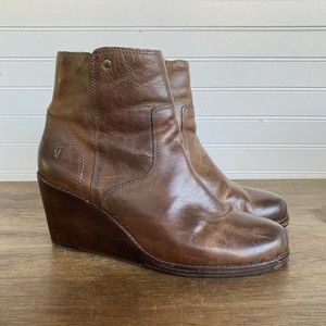 Frye Womens Ankle Boots Regina Brown Wedge  Zip Up Heel Distressed Booties 8.5